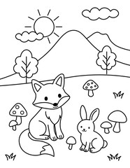 森の風景と動物たちのぬりえ
