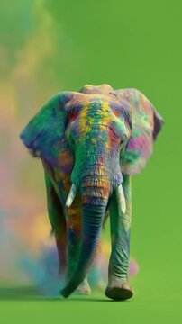 Colorful elephant covered in vibrant powders stands before a neon-green pink backdrop bright colors!