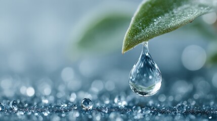 Water Drop Hanging From Leaf Tip, Symbolizing Purity and Environmental Awareness for Sustainability Campaigns : Generative AI