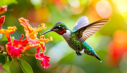 Obraz premium Vibrant Hummingbird Feeding on Orange Flowers in Golden Sunlight