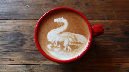 Dragon Latte Art in Red Mug on Wooden Table, Representing Fantasy and Creative Inspiration for Cafes and Coffee Shops : Generative AI