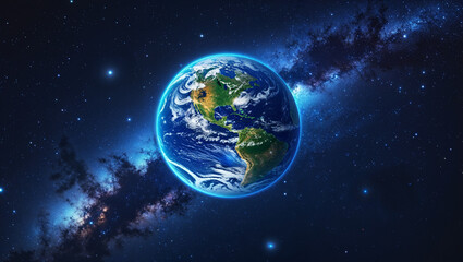 Obraz premium Earth from orbit with galaxy background, illustrating planetary science, space exploration, and cosmos.