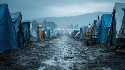 Refugee Camp With Tents in Muddy Field Under Gloomy Sky, Illustrating Displacement and Humanitarian Aid Efforts : Generative AI