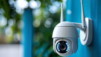 Smart security camera on wall, illustrating surveillance, home safety, and monitoring system.