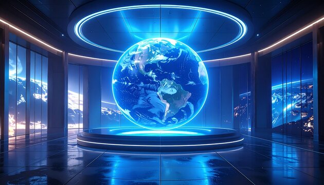 Futuristic control room with glowing holographic Earth globe display and blue neon lights, global technology data visualization