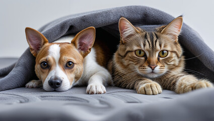 Cat and dog cuddling under blanket, illustrating pet love, friendship, and cozy home concept.