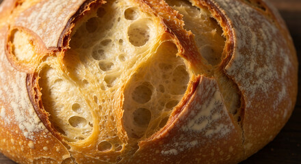 Extreme close-up view of freshly baked artisan sourdough bread loaf showcasing a crispy golden brown crust, rustic flour dusting, and a beautiful open crumb texture with irregular air pockets, perfect