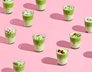 Refreshing Matcha Lattes with Ice and Pink Backdrop for Aesthetic Drinks