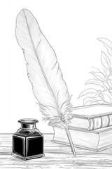 Illustration of a feather quill inkwell and books in a drawing style