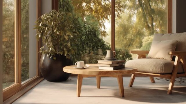A sunlit corner with wooden furniture, a large plant, books, and a cup of coffee. A window shows a lush green view