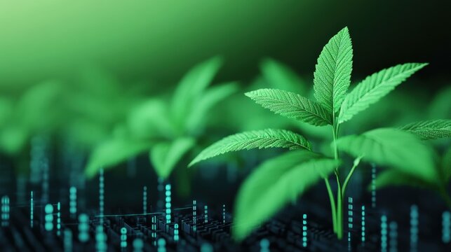 Green plant growing from a circuit board representing sustainable technology, environmental computation, and eco friendly innovation