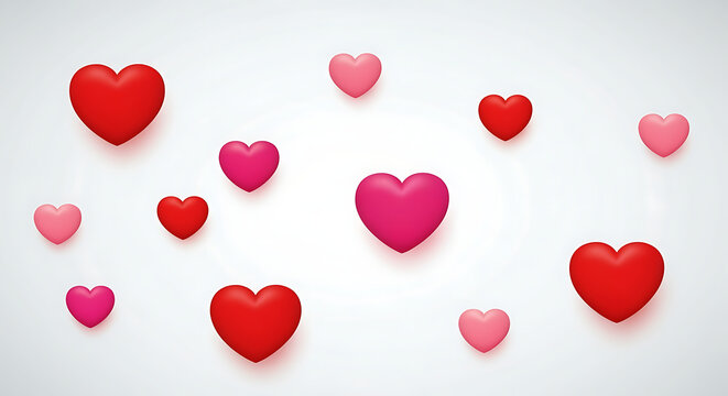 Floating red and pink 3D hearts background for Valentine's Day celebration, romantic love concept for wedding invitation or greeting card design, cute abstract pattern with copy space.