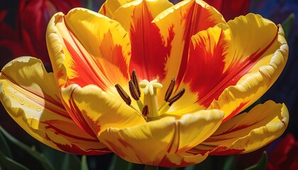 Striking close-up of a vibrant yellow and red tulip in full bloom