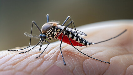 Detailed mosquito on skin, highlighting legs, proboscis, and insect anatomy for educational and health use.