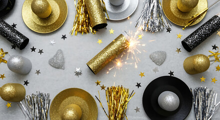 Glamorous New Year's Eve party background with gold, silver, and black decorations, a sparkling party popper, hats, and confetti, festive flat lay for holiday celebration.