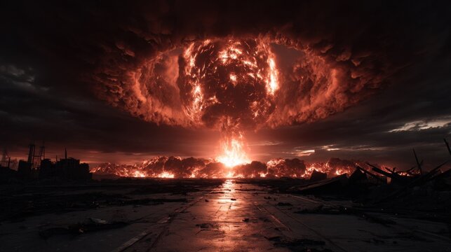Apocalyptic Nuclear Explosion Over City Ruins at Sunset, Depicting Disaster Recovery and Environmental Catastrophe Scenarios : Generative AI