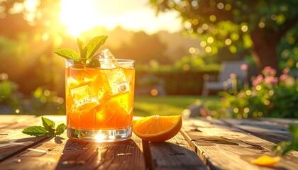 Refreshing drink and slice of orange sit on wooden table with bokeh background