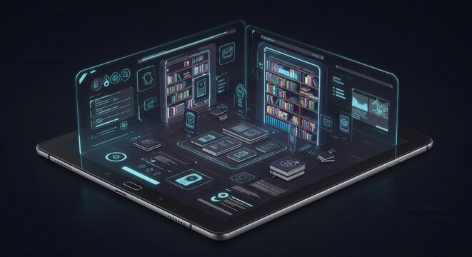 Digital library concept depicted on a tablet screen with data and visual elements, showcasing information access with a holographic interface on a dark background.