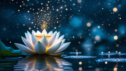 Magical lotus on reflective water, symbolizing spirituality, mindfulness, and tranquility.