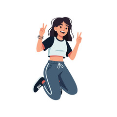2D flat vector illustration of a gilpy teenage girl in streetwear crop top and jogger pants, jumping mid-air with a big cheerful smile, making a peace sign with both hands