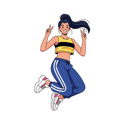 2D flat vector illustration of a gilpy teenage girl in streetwear crop top and jogger pants, jumping mid-air with a big cheerful smile, making a peace sign with both hands