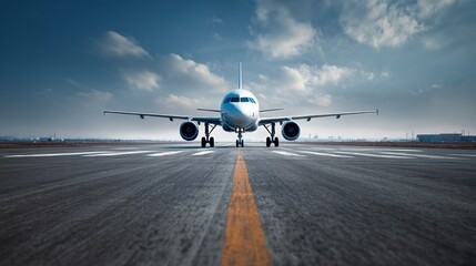 Obraz premium Airplane on Runway Ready for Takeoff under Dramatic Sky