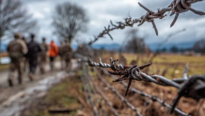 Barbed Wire Fence With Soldiers Walking in Background, Illustrating Border Security and National Defense, Suitable for Military Recruitment Campaigns : Generative AI