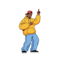 2D flat vector illustration of a gilpy teenage boy in oversized hoodie and cap, pointing one finger up while bouncing his body in rhythm