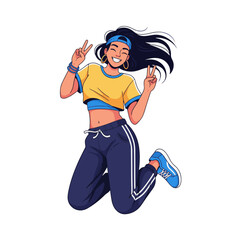 2D flat vector illustration of a gilpy teenage girl in streetwear crop top and jogger pants, jumping mid-air with a big cheerful smile, making a peace sign with both hands