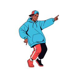 2D flat vector illustration of a gilpy teenage boy in oversized hoodie and cap, pointing one finger up while bouncing his body in rhythm