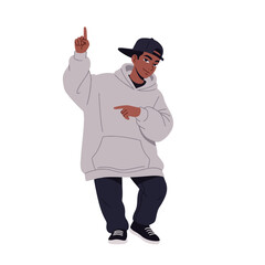 2D flat vector illustration of a gilpy teenage boy in oversized hoodie and cap, pointing one finger up while bouncing his body in rhythm