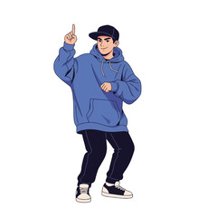 2D flat vector illustration of a gilpy teenage boy in oversized hoodie and cap, pointing one finger up while bouncing his body in rhythm