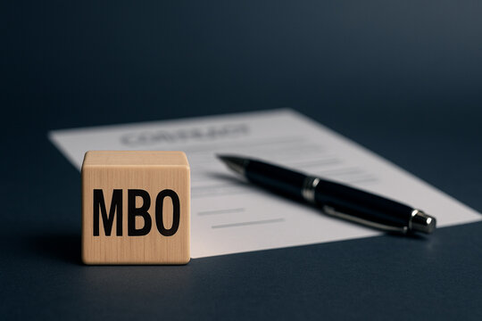 Wooden Block with MBO Letters and Contract Background | Management Buyout and Corporate Agreement Concept　MBO文字入り木製ブロックと契約書背景 マネジメントバイアウト概念