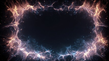 A dark rectangular void framed by a fiery, nebula-like border of orange, blue, and white energy