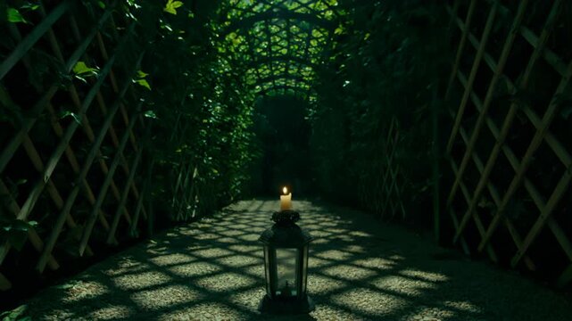 Glowing Lantern Illuminates Mysterious Garden Archway Path at Dusk