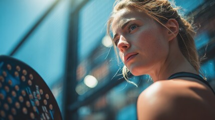 female padel player preparing to serve focused expression padel racket in hand bright outdoor padel court