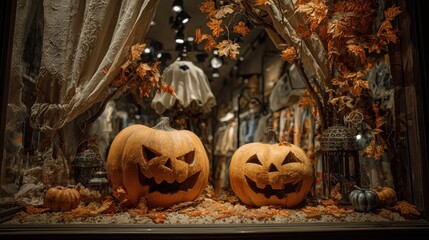 halloween shop window display with carved pumpkins ghost decorations and autumn leaves perfect for festive retail visuals spooky designs and seasonal storefront concepts