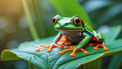 Fototapeta premium Red eyed tree frog on green leaf, symbolizing wildlife, tropical rainforest, and nature photography.