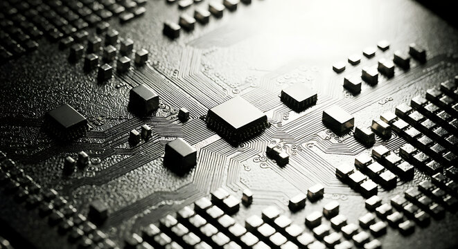 Intricate electronic circuit board with microchips, transistors, and conductive traces, symbolizing artificial intelligence, data processing, computer hardware, and digital innovation for future techn