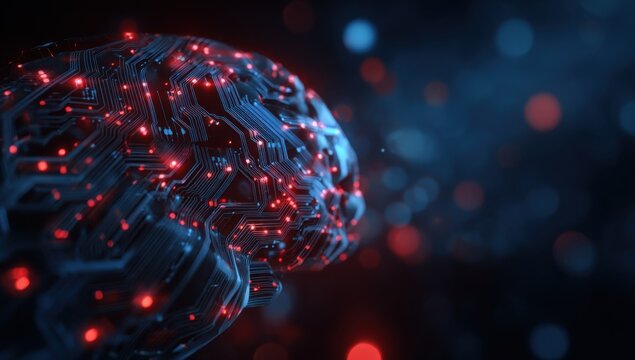 Circuit Board Brain With Red Lights, Illustrating Artificial Intelligence and Technological Advancement in Modern Healthcare : Generative AI