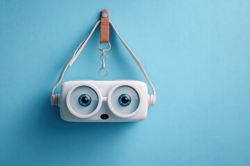 Cute White Robot With Big Blue Eyes Hanging on Blue Wall, Representing Artificial Intelligence and Future Technology for Innovation and Creative Solutions : Generative AI