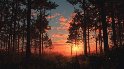 sunset in pine forest