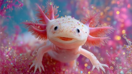 Albino Axolotl Swimming in Pink Water, Showcasing Aquatic Life and Conservation Efforts With a Touch of Fantasy : Generative AI
