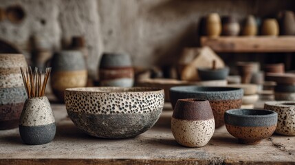 Handmade Ceramic Bowls and Vases on Wooden Table, Showcasing Artisan Craftsmanship and Sustainable Design for Interior Decoration : Generative AI