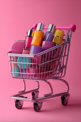 Cosmetics in Shopping Cart on Pink Backdrop, Representing Beauty Product Sales and Retail Therapy, Perfect for Advertising and E-Commerce : Generative AI