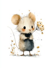 Watercolor Mouse Holding Flower on White, Illustrating Springtime Joy and Childhood Innocence for Greeting Cards and Children's Books, Promoting Happiness : Generative AI