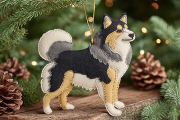 Handmade Felt Dog Ornament on Wood Surface With Pine Branches, Representing Holiday Cheer and Festive Decoration for the Christmas Season : Generative AI