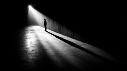 Silhouette of a Man Standing in a Tunnel of Light, Representing Hope and New Beginnings, Ideal for Mental Health and Recovery Campaigns : Generative AI