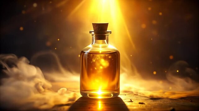 Mystical Golden Elixir, Bottle Illuminated with Light Rays and Glowing Effects