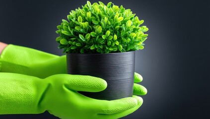 Hands in Green Gloves Holding Potted Plant Against Dark Backdrop, Symbolizing Environmental Stewardship and Sustainable Living Practices : Generative AI